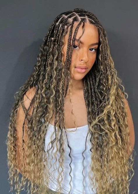 hair styles braids | natural hair styles  quick natural hair styles Black Boho Braids With Blonde Highlights, Ombré Boho Braids, Boho Goddess Braids Blonde, Boho Goddess Braids Human Hair, Boho Braids With Blonde Highlights, Goddess Braids Highlights, Boho Braids Blonde And Brown, Brown And Blonde Boho Braids, Boho Braids With Highlights