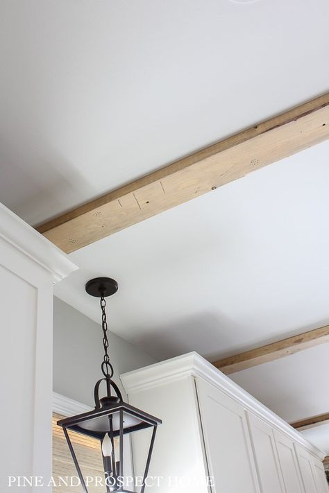 Easiest Faux Beams Ever! - Pine and Prospect Home Ceiling Beams Living Room, Faux Ceiling Beams, Pine And Prospect Home, Pine And Prospect, Beams Living Room, Reclaimed Wood Beams, Galley Style Kitchen, Faux Wood Beams, Faux Beams