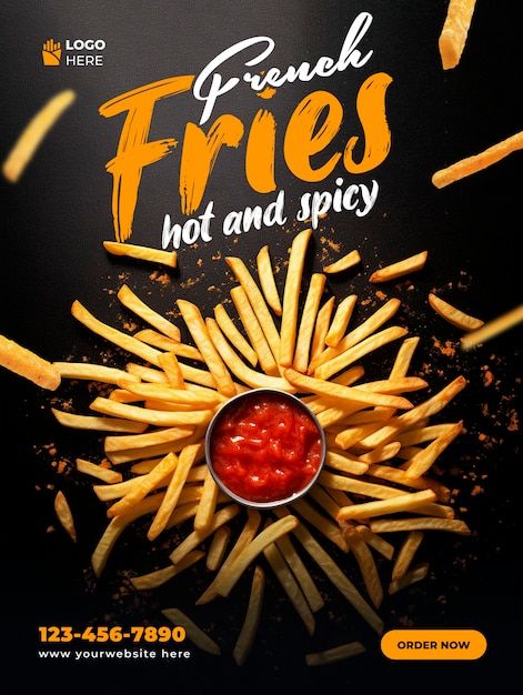 PSD french fries dipped in ketchup socia... | Premium Psd #Freepik #psd #social-media-instagram #social-media-template #instagram-post #post-template Food Creatives Social Media, French Fries Wallpaper, Fries Video, Food Post Design, French Fries Design, Post Template Design, Restaurant Ad, Food Art Painting, French Fried Potatoes