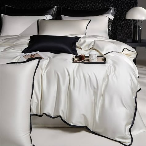 🥳Experience the epitome of luxury with our Italian haute couture 800TC ultra-fine dual-strand Tencel bedding set.This collection exudes a sophisticated Chanel-inspired elegance, perfect for infusing your summer nights with a romantic ambiance. The primary hues are carefully chosen for their clear and natural tones, breaking the monotony of solid colors and creating a serene yet elegant home atmosphere.🥳 Indulge in the ultimate comfort and style with this exquisite bedding set, designed to ele... Luxurious Bedding Ideas, Ultra Luxury Bedroom, Black White Bedding, Tencel Bedding, Solid Bedding, Silk Bed, Romantic Ambiance, Brown Decor, Ultra Luxury