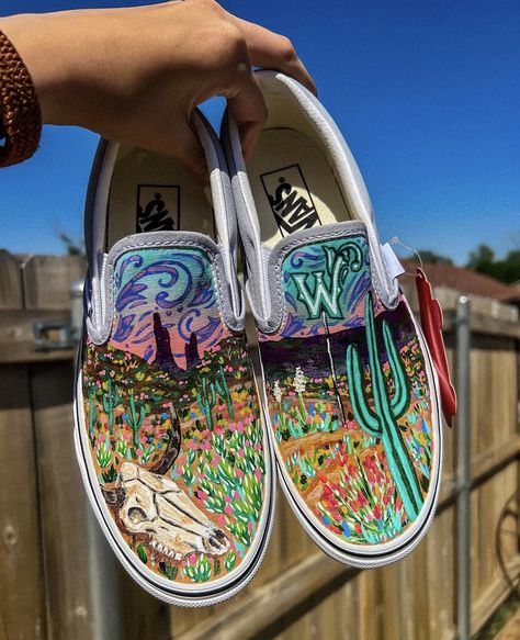 @ buckandcoyotes on Instagram Painted Vans Hightops, Western Painted Shoes, Vans Design, Western Painted Vans, Vans Custom Ideas, Painted Vans Slip On, Vans Painted Shoes Ideas, Hand Painted Vans, Vans Shoes Fashion