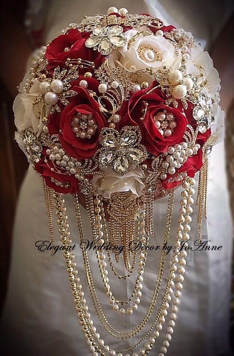 Red and Gold BROOCH BOUQUET Bling Brooch Bouquet Red Brooch | Etsy Wedding Bouquet Cascade, Red Quinceanera Ideas, Bouquet Cascade, Rose Gold Brooch Bouquet, Bridal Bouquet Coral, Brooch Bouquet Diy, Quinceanera Bouquet, Red Brooch, Red Quince