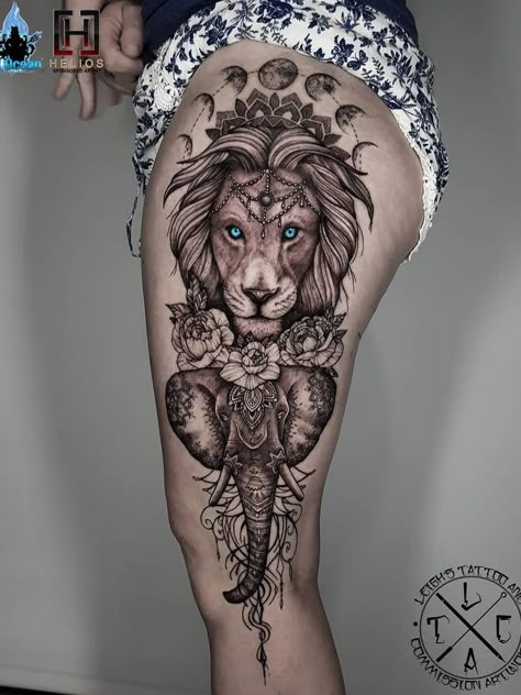 Side Thigh Tattoos Women, Lion Tattoo On Thigh, Lion And Elephant, Elephant Thigh Tattoo, Elephant Tattoo Meaning, Side Thigh Tattoos, Girl Thigh Tattoos, Vogel Tattoo, Lion Tattoo Sleeves