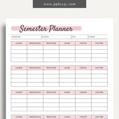 Semester Planner Printable Template - Vintage undateddigitalplanner #mealplannersheets Semester Planner Template, College Templates, Business Planner Organization, Semester Planner, Student Planner Organization, Homeschool Student Planner, Planner Organization College, College Semester, Class Planner