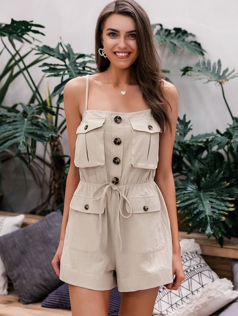 Simplee Button Front Drawstring Waist Utility Cami Romper | SHEIN Tailored Jumpsuit, Tank Romper, Polka Dot Jumpsuit, Cami Romper, Jumpsuit Dressy, Casual Tanks, Flounce Sleeve, Shein Style, Pop Fashion