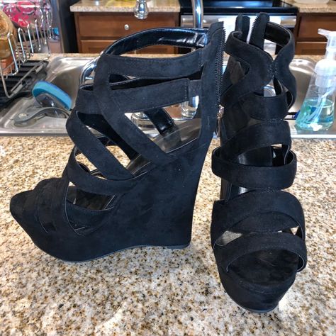 New. Never Worn. Black Suede Platform Wedges. Smoke Free Home. Size 41 Conversion To 9 Or 9.5 Black Wedge Heels, Pretty Heels, Black Wedge, Black Wedges, Platform Wedge, Womens Shoes Wedges, Platform Wedges, Wedge Heels, Black Suede