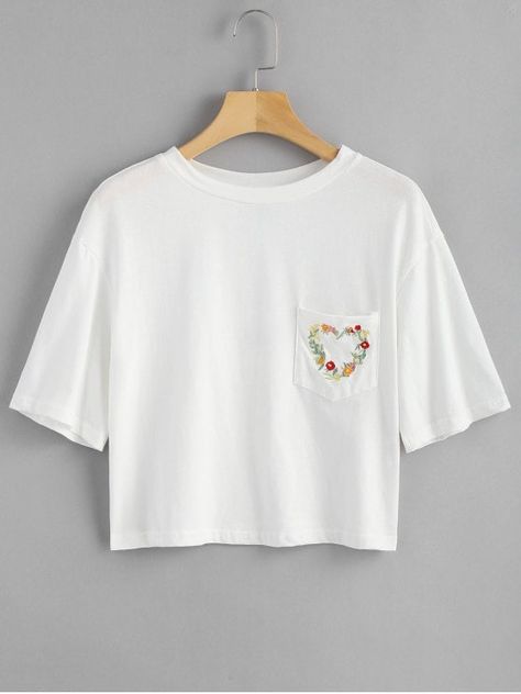 Floral Embroidered T Shirt with Pocket - WHITE S Pocket Embroidery T Shirts, Embroidered Pocket Tees, Shirt Pocket Embroidery, Embroidered Shirts For Women, T Shirt With Pocket, Distressed Tshirt Diy, Embroidered T Shirt, Embroidered Pocket, Shirt With Pocket