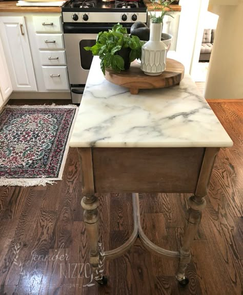 Using a marble slab on an island Jennifer Rizzo Marble Top Kitchen, Marble Top Kitchen Island, Antique Kitchen Island, Narrow Kitchen Island, Repurposed Kitchen, Scandinavian Style Furniture, Kitchen Island Tops, Marble Kitchen Island, Dresser Kitchen Island