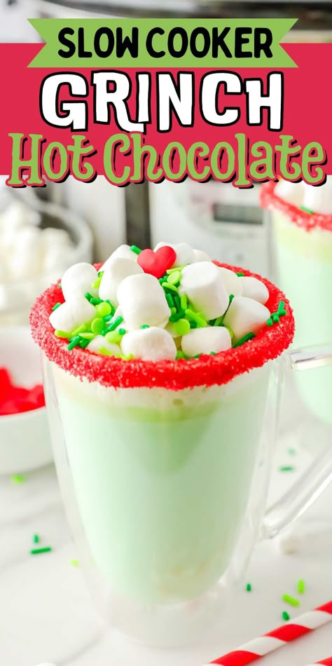 Grinch Hot Chocolate Crock Pot, Crockpot Grinch Hot Chocolate, Christmas Kids Appetizers, Grinch Cocoa, Grinch Breakfast, Grinch Christmas Party Ideas, Grinch Hot Chocolate, Crockpot Drinks, Christmas Smoothies