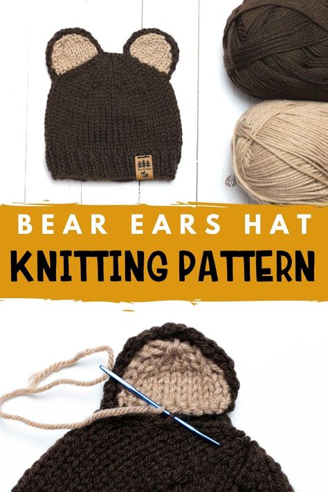 Bear Ears Two Tone Hat Beanie Free Knitting Pattern Bear Ears Hat Free Knitting Pattern, Toddler Ear Flap Hat Knitting Pattern Free, Hat With Ears Knitting Pattern, Knit Bear Hat Pattern Free, Beanie Diy, Halloween Knitting Patterns, Knitting Bear, Hat Free Knitting Pattern, Designer Knitting Patterns