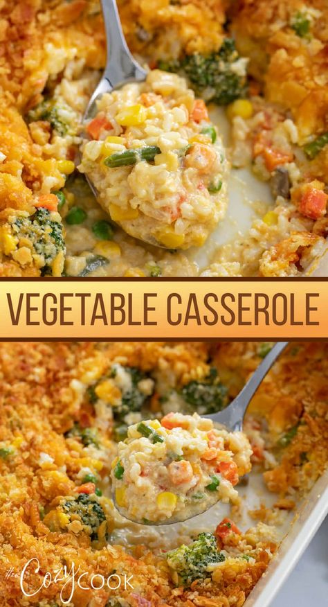 This Vegetable Casserole is made with cream of mushroom soup and a buttery Ritz cracker topping! It's filled with vegetables and savory rice, making it a perfect meatless dinner or holiday side dish! Veggie Casserole Recipes, Chilled Soups, Ritz Cracker Topping, Casserole Side Dishes, Vegetable Casserole Recipes, Vegetarian Casserole, Veggie Casserole, Holiday Side Dish, Ritz Cracker