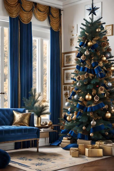 Blue And Gold Christmas, Christmas Tree Colour Scheme, Christmas Living Room Decor Ideas, Christmas Living Room Decor, Blue Christmas Decor, Christmas Living Room, Blue Christmas Tree, Sophisticated Decor, Gold Christmas Decorations