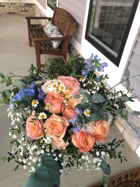 Carnation And Baby Breath Bouquet, Carnations And Baby Breath, Delphinium Flower Bouquet, Eucalyptus Parvifolia, Carnation Wedding Flowers, Light Blue Delphinium, Gunni Eucalyptus, Daisy Flower Arrangements, Blue Carnations