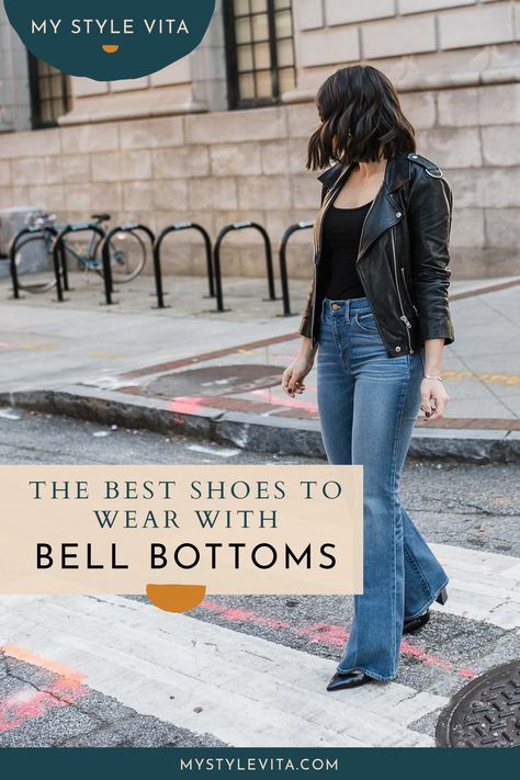 Want to switch up your everyday skinny jeans? Check out these tips and outfit ideas for styling bell bottoms. Plus tips on the best shoes to wear with bell bottoms so you always look fashion forward.     Get the tips today! #mystylevita #jeans #outfit #boho Business Casual Bell Bottoms, Shoes For Bell Bottom Pants, Styling Bell Bottom Jeans Winter, 70s Jeans Women, How To Wear Bell Bottom Jeans Outfits, Shoes With Bell Bottoms, Bell Bottoms With Boots, Shoes To Wear With Bell Bottom Jeans, Shoes With Bell Bottom Jeans