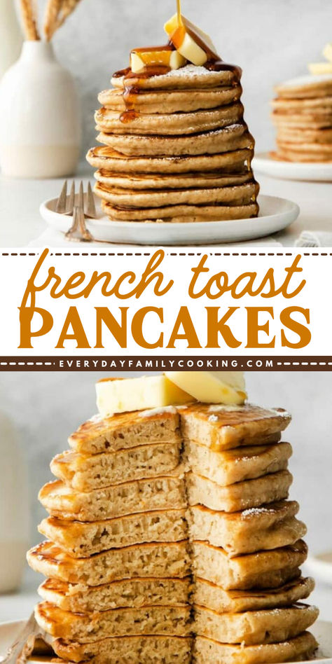 These French Toast Pancakes make the best Mother's Day brunch idea! These homemade pancakes are tall, fluffy, and ready in 15 minutes. Pin this sweet brunch idea! French Toast With Pancake Batter, French Pancakes Recipe, Home Made Pancakes Recipe, Flavoured Pancakes, Pancakes Without Buttermilk, French Toast Pancakes Recipe, Best Ever Pancakes, Pancake Recipe Banana, Pancake French Toast