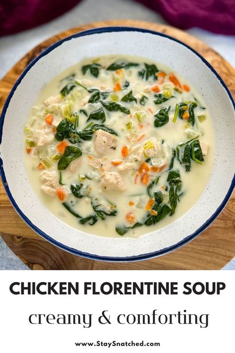 This image shows a recipe for chicken florentine soup. Spinach Chicken Soup, Creamy Chicken Florentine, Cream Of Spinach Soup, Chicken Florentine Soup, Florentine Soup, Creamy Spinach Soup, Wine Cream Sauce, Chicken Potato Soup, White Wine Cream Sauce