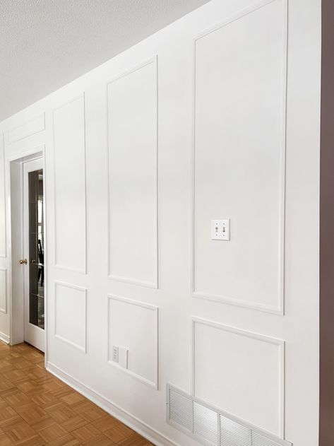 How to Create Simple yet Elegant Box Molding - XO My Home Simple Wall Trim Design, White Box Trim Bedroom, Tall Wall Moulding Ideas, Hallway Box Trim, Box Molding Hallway, Box Molding Accent Wall, Box Trim Entryway, Diy Box Molding Trim, Simple Wall Moulding Ideas