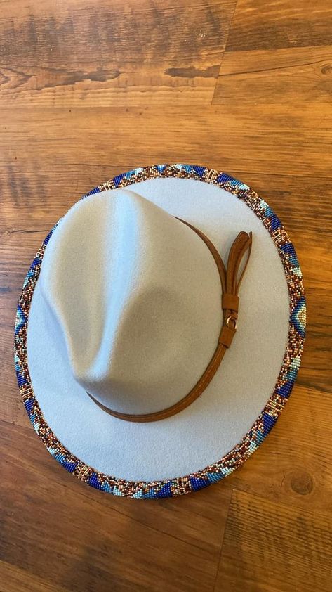 The Indigenous Bead Life | Baby blue Beaded Fedora  | Facebook Beaded Hat, Paypal Cash, Bead Weaving Patterns, Cash App, Weaving Patterns, Brim Hat, Video Chat, Blue Beads, Bead Weaving