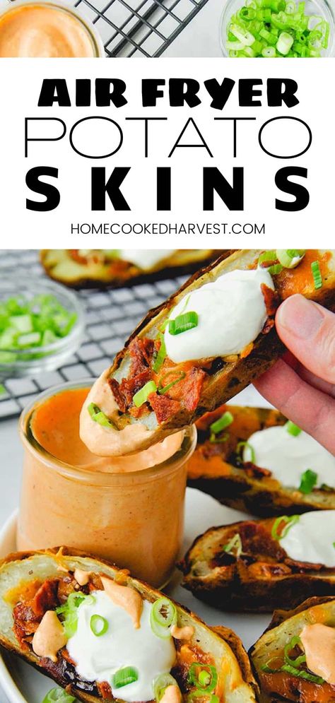 Air Fryer Potato Skins are potato halves that are topped off with cheese, turkey bacon, and creamy chipotle mayo. These are not your average stuffed potato skins, this recipe has an ingredient that most others do not have...barbecue sauce! Make these tater skins for the big game, get togethers, or bbq's, truly a crowd pleaser! Tater Skins, Air Fryer Potato Skins, Stuffed Potato Skins, Cheese Turkey, Air Fry Potatoes, Air Fryer Potato, Stuffed Potato, Fried Potato, Chipotle Mayo