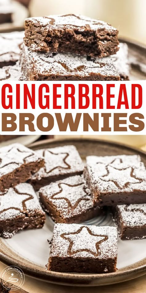 Gingerbread Brownies I Am Baker, Gingerbread Brownies With Eggnog Icing, Ginger Bread Desserts, Gingerbread Brownies Recipe, Christmas Brownies Ideas Easy, Christmas Brownies Decoration, Eggnog Brownies, Christmas Brownies Ideas, Christmas Baking Squares