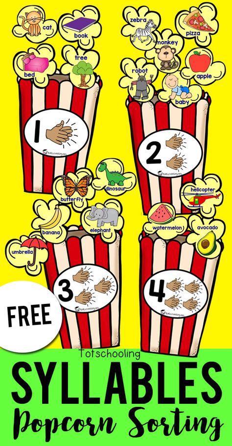 FREE printable sorting activity for preschool and kindergarten kids to sort syllables with a fun popcorn theme! This is a great literacy activity to develop phonemic or phonological awareness. Clap and count the syllables in each popcorn kernel and sort it with the correct popcorn box. Syllables Kindergarten, Fun Popcorn, Popcorn Theme, Syllables Activities, Phonological Awareness Activities, Activity For Preschool, Phonemic Awareness Activities, Kindergarten Ela, Kindergarten Centers