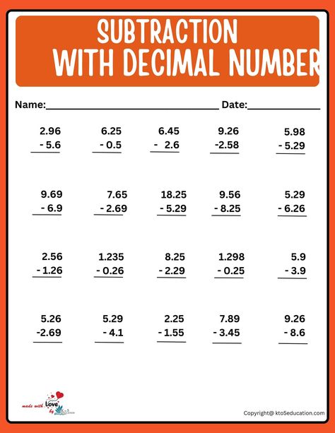 Printable Subtraction With Decimal Number Worksheet V3 | FREE Download Negative Numbers Worksheet, Decimals Addition, Integers Worksheet, Number Worksheet, Decimals Worksheets, Math Practice Worksheets, Handwriting Paper, Decimal Number, Teaching Multiplication