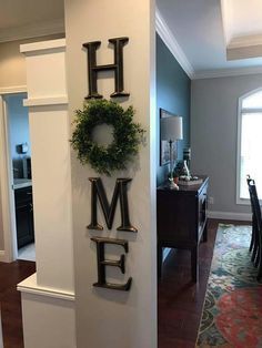 Wooden letters spelling home: change wreath out with season... Apartemen Studio, Letter Decor, Farmhouse Wall Decor, Easy Home Decor, Farmhouse Wall, Farmhouse Living, Design Living, Design Case, Decor Rustic