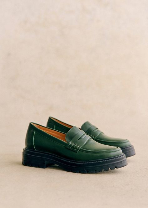 Albane Loafers - Smooth Green - Bovine leather - Sézane Green Fashion Aesthetic, Shoe Rotation, Green Loafers, Lifestyle Dresses, Womens Loafers, Denim Suit, Platform Loafers, Swimwear Dress, Classic Bags