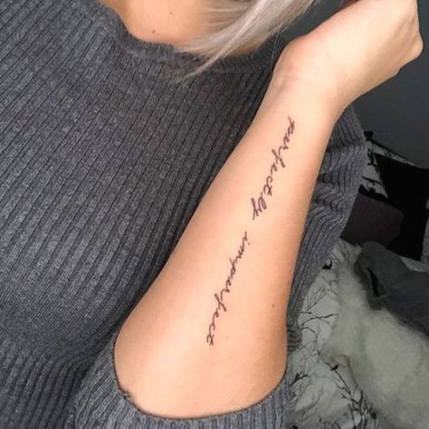 30+ Cute Small Meaningful Tattoos For Women | Meaningful ... #tattooideas #tattoo #cutetattoos Forearm Wording Tattoo Women, Cute Quote Tattoos For Women On Arm, Words Down Arm Tattoo, Feminine Tattoo Placement Quotes, Tattoo Down Arm Quotes, Forearm Tattoo Women Sayings, Forearm Tattoo Women Text, Lettering Tattoo Placement Women, Women Tattoos Words