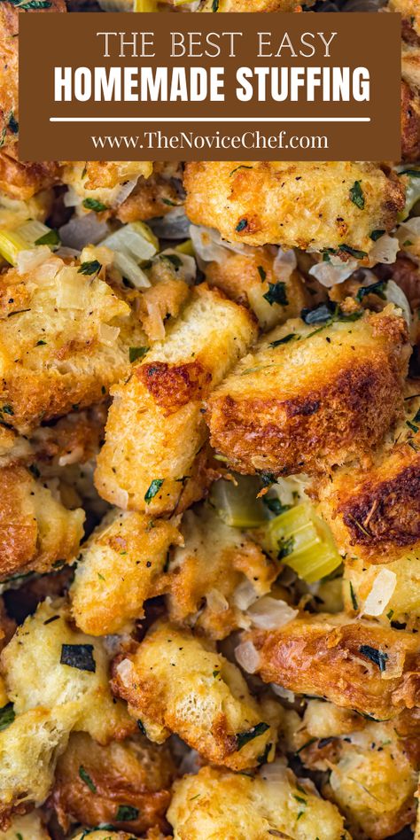 Crispy Texas toast cubes, fresh herbs, onion, and celery are baked with chicken broth to make perfect, golden homemade stuffing. Such an easy, yet delicious, Thanksgiving side dish! Croutons For Stuffing, Simple Easy Thanksgiving Recipes, Stuffing With Croutons Recipe, Texas Toast Stuffing, Potatoe Stuffing Recipes Easy, Homemade Croutons For Stuffing, Stuffing With Bread Cubes, Turkey Dressing Recipes Thanksgiving Homemade Stuffing, Crispy Stuffing Recipes