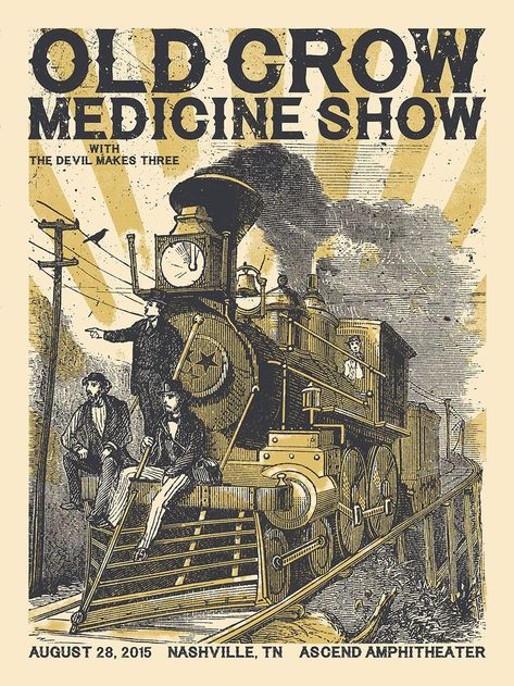 Old Crow Medicine Show Poster, Ascend Amphitheater, Nashville, TN | Crows, Nashville and Concert ... Rock Poster Design, Crow Medicine, Old Crow Medicine Show, Show Posters, Old Country Music, Concert Poster, Meet New People, Cow Bell, Rock Posters