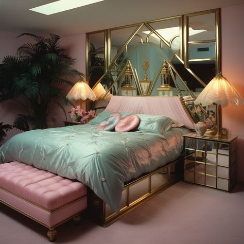 #1980sDecor #RetroBedroom #BrassAccents #PastelPalette #VintageInspiration Beverly Hills Bedroom, 80s Miami Bedroom, Miami 80s Aesthetic Decor, 80s Miami Apartment, 80s Art Deco Bedroom, 80s Glam Bedroom, 80s Retro Bedroom, 1980s Bedroom Aesthetic, 90s Room Inspo