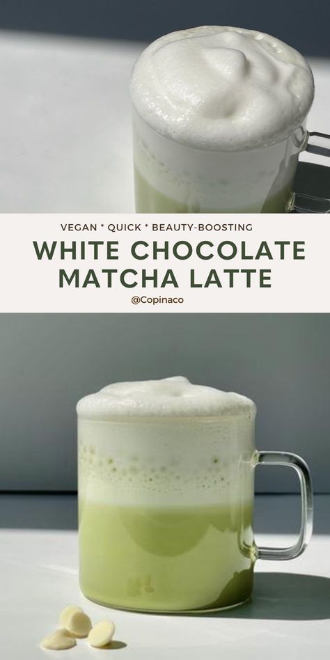 White Chocolate Matcha Latte, Best Matcha Latte Recipe, Chocolate Matcha Latte, Vegan Matcha Latte, Matcha Snacks, White Chocolate Matcha, Matcha Drink Recipes, Matcha Drinks, Matcha Hot Chocolate