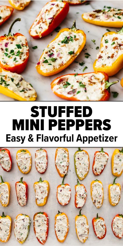 Stuffed mini bell peppers with goat cheese and bacon for super bowl food Football Game Food, Football Sunday Food, Football Food Appetizers, Football Party Foods, Mini Peppers, Bowl Party Food, Football Snacks, Stuffed Mini Peppers, Football Party Food