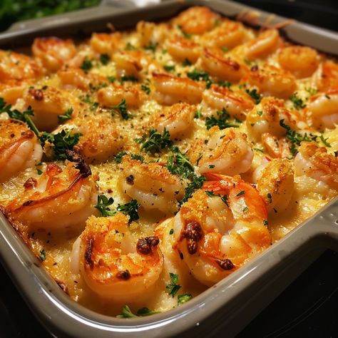 Cheesy Shrimp Bake Shrimp Recipes Side Dish, Cajun Shrimp Baked Potato, Cheesy Shrimp Bake, Shrimp Gratin Recipes, Shrimp Casserole Recipes Main Courses, Baked Shrimp Appetizers, Shrimp With Mashed Potatoes, Shrimp Stuffing Recipes, Shrimp Quinoa Recipes