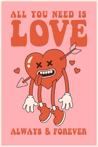 Love Design Poster, Heart Graphic Design Illustration, Heart Character Design, Retro Illustration Graphics, Curly Character, Valentines Day Graphic Design, Wallpaper Iphone Valentines, Love Poster Design, Cosmos Aesthetic