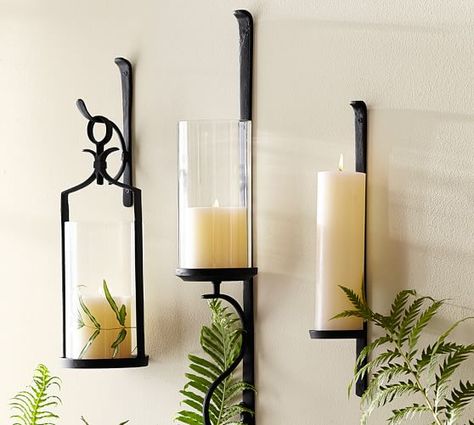 Artisanal Wall-Mount Candleholder | Pottery Barn. Left lantern holder, I will take 2 please. Wall Mounted Vase, Wall Mounted Candle Holders, Pillar Holders, Led Pillar Candle, Candle Wall Sconces, Wall Candles, Wall Mounted Tv, Décor Diy, Iron Wall