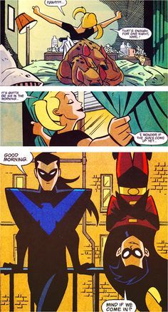 Harley Quinn, Robin & Nightwing. This will always be one of my favorite moments from the comics Nightwing Comic, Univers Dc, Batman And Catwoman, Im Batman, Tim Drake, Dc Memes, Batman And Robin, Batman Family, Jason Todd