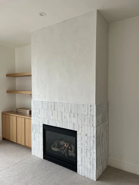 Ribbed Tile, Minimalist Fireplace, Brick Interior Wall, Fireplace Tile Surround, Brick Interior, Stone Interior, White Fireplace, Fireplace Hearth, Fireplace Remodel