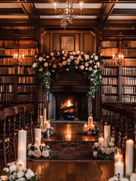 Timeless Library Wedding Ceremony Vermont Wedding Venues Fall, Cozy Vintage Wedding, Wedding Venue Fireplace, Wedding Venues England, Wedding In England, Historic Building Wedding, Wedding Fireplace Mantle Decor, Outlander Wedding Theme, Microwedding Venue Ideas