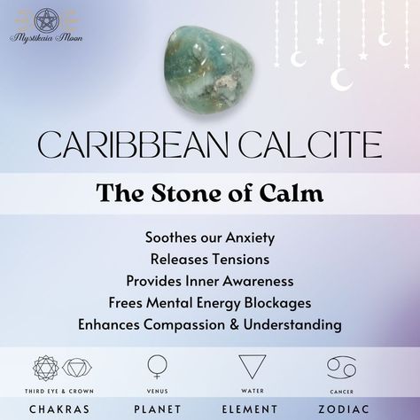 Caribbean Calcite is a stone of spiritual awakening, transformation, and emotional understanding. An ideal stone to use in meditation, Caribbean Calcite helps us access our inner vision and connect to our higher selves, gain a sense of purpose, and a true sense of self, and begin a journey of ultimate self-discovery. Gemstones Chart, Spirituality Affirmations, Caribbean Calcite, Earth Gift, Witch Spell Book, Crystals Healing Properties, Mental Energy, Crystal Healing Stones, Calcite Crystal