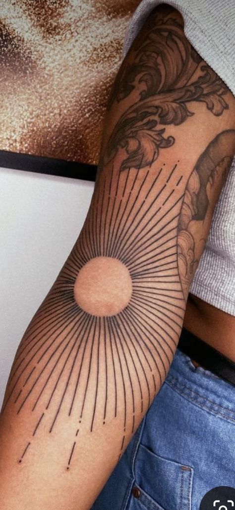 Mandala Tattoo Around Elbow, Sun Tattoo Arm Half Sleeves, Round Elbow Tattoo, Elbow Compass Tattoo, Spiral Of Life Tattoo, Elbow Wrap Tattoo, Elbow Crease Tattoo Inner, Around Elbow Tattoo, Inside Elbow Tattoos For Women