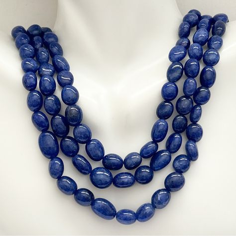 Stunning Triple Strand Blue Sapphire Bead Necklace. Gorgeous Necklace Of Three Strands Of Royal Blue Sapphire Gemstone Beads. Strung On Adjustable Blue Silk Cord With Blue And Silver Tassels. Strands Are 17, 19 And 21 Inches Long. Sapphire Beads Are Approximately 5 X 10-15 Mm. 450 Carats. 98g G. Purchased In India And Never Worn. Tortoise Shell Necklace, Sapphire Beads, Butterfly Necklace Gold, Beaded Bib Necklace, Blue Sapphire Necklace, Betsey Johnson Necklace, Handmade Pendant Necklace, Blue Sapphire Gemstone, Citrine Pendant