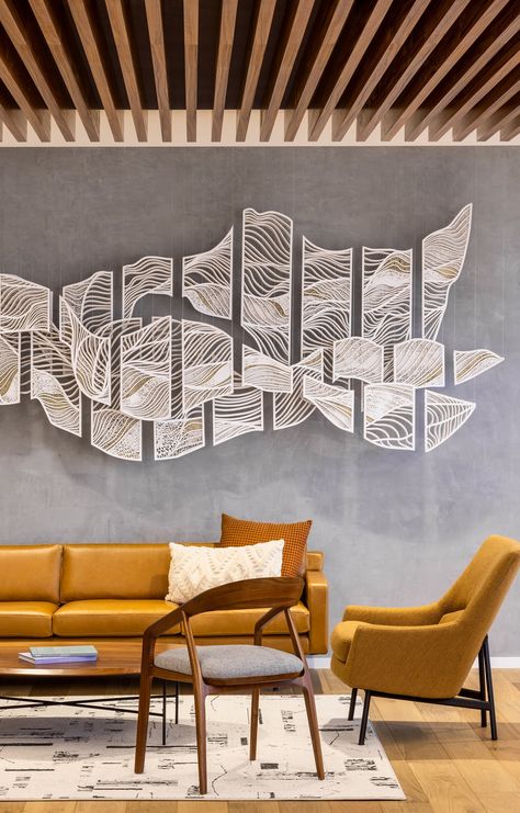 CoreLogic Headquarters Renovation | SmithGroup Office Wall Art Ideas, Office Wall Graphics, Wall Art Sculpture, Corporate Art, Corporate Interiors, Meditation Room, Wall Sculpture, Wall Graphics, Mirror Designs