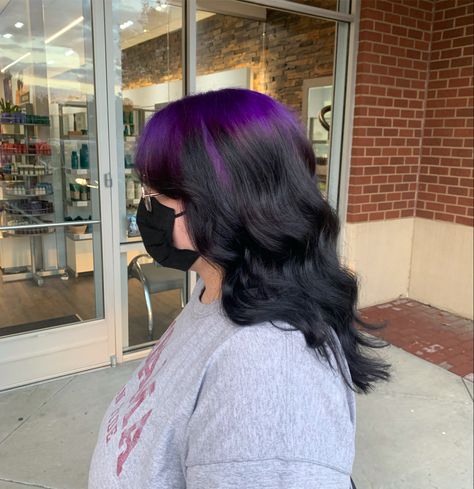 Black Roots Purple Hair Ombre, Blue To Black Hair Ombre, Purple On Top Black On Bottom Hair, Purple Roots And Black Hair, Colour Roots Black Hair, Vivid Roots Black Hair, Dark Green Roots Black Hair, Colored Roots Dark Hair, Black And Another Color Hair