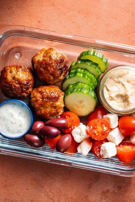 Feta Hummus, Easy Lunchbox, Turkey Meatball, Healthy Lunch Snacks, Healthy Lunch Meal Prep, Work Meals, Easy Healthy Meal Prep, Prepped Lunches, Turkey Meatballs