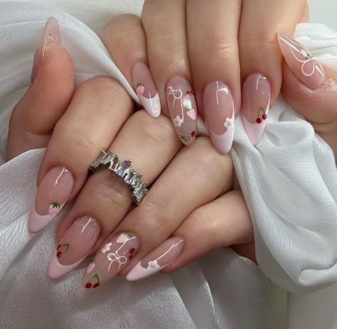 Cherry Nail Art, Cherry Nails, Girly Acrylic Nails, Summery Nails, Pretty Gel Nails, Really Cute Nails, Nagel Inspo, Pink Acrylic Nails, Cat Kuku