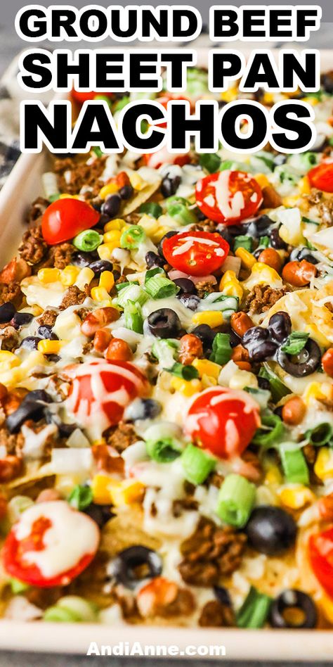 Pan Sheet Nachos, Loaded Sheet Pan Nachos, Recipe For Nachos Ground Beef, Sheetpan Nachos Ground Beef, Sheet Pan Dinners Ground Beef, Nachos Recipe Easy Ground Beef, Oven Nachos Ground Beef, Oven Baked Nachos Beef, Taco Sheet Pan Dinner