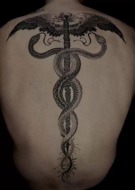 Unique Spine Tattoos, Hermes Tattoo, Caduceus Tattoo, Back Tattoos Spine, Colour Tattoo For Women, Realistic Tattoo Sleeve, Full Back Tattoos, Fire Tattoo, Back Tattoos For Guys