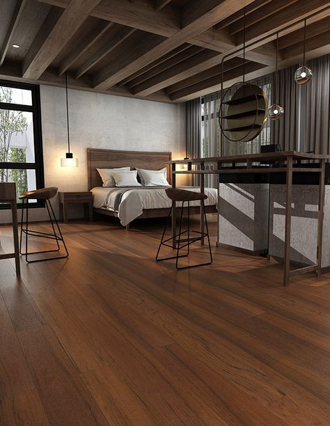 Rich Wood Floors, Modern Red Oak Floors, Spc Flooring Living Room, Dark Wood Floor Bedroom, Teak Wood Flooring, Premium Vinyl Flooring, Office Bedroom Ideas, Modern Wood Floors, Walnut Wood Floors